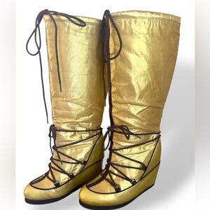Vintage Colin Stuart Metallic gold Brown Lace Wedge Moon Boots Knee High 6.5